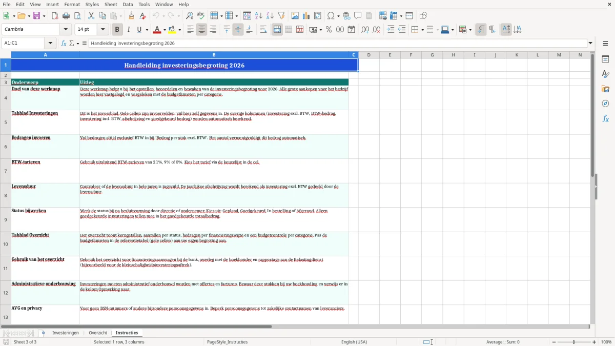 Captura de tela 3: Aba Instructies - Planilha Excel investeringsbegroting voorbeeld excel