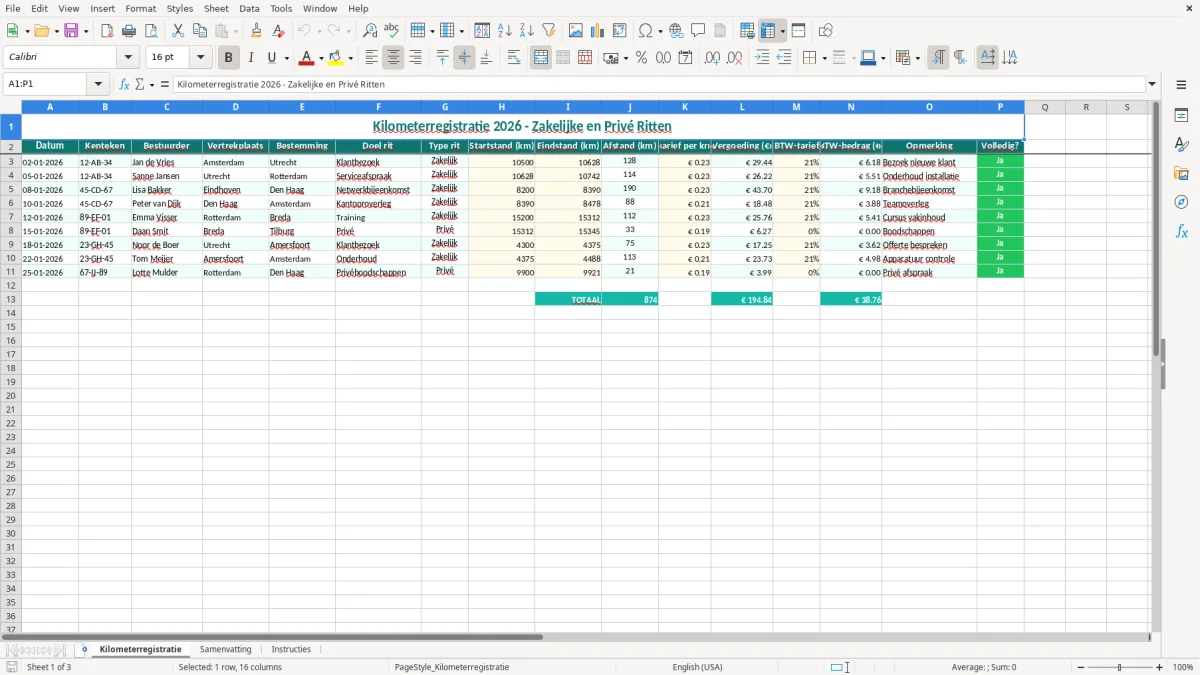 Captura de tela 1: Aba Kilometerregistratie - Planilha Excel kilometerregistratie voorbeeld excel