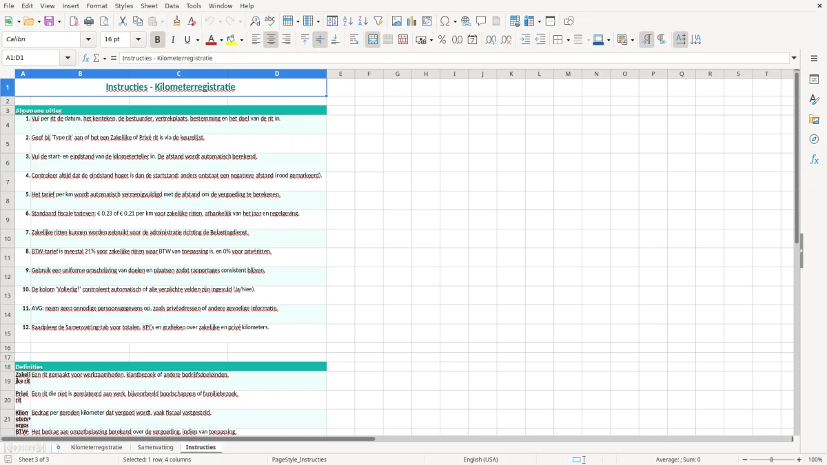 Captura de tela 3: Aba Instructies - Planilha Excel kilometerregistratie voorbeeld excel