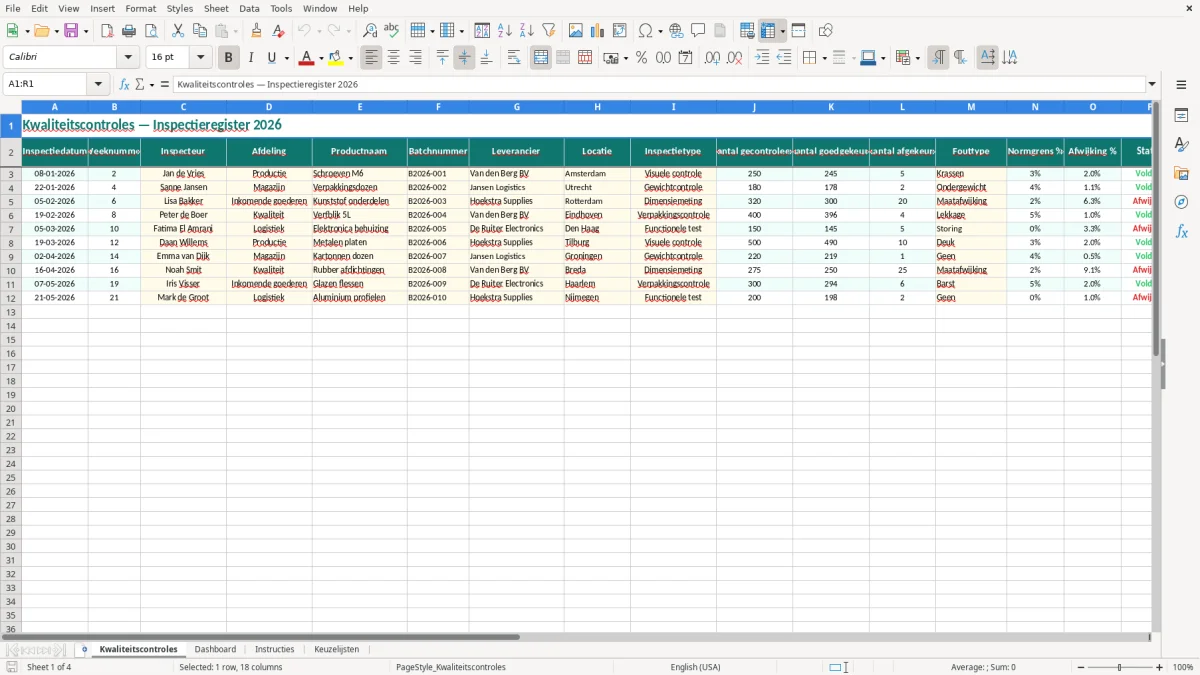 Captura de tela 1: Aba Kwaliteitscontroles - Planilha Excel kwaliteitscontrole voorbeeld excel