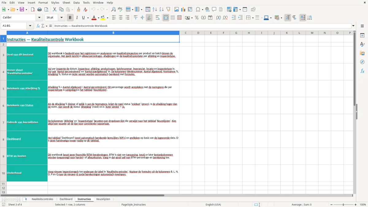 Captura de tela 3: Aba Instructies - Planilha Excel kwaliteitscontrole voorbeeld excel