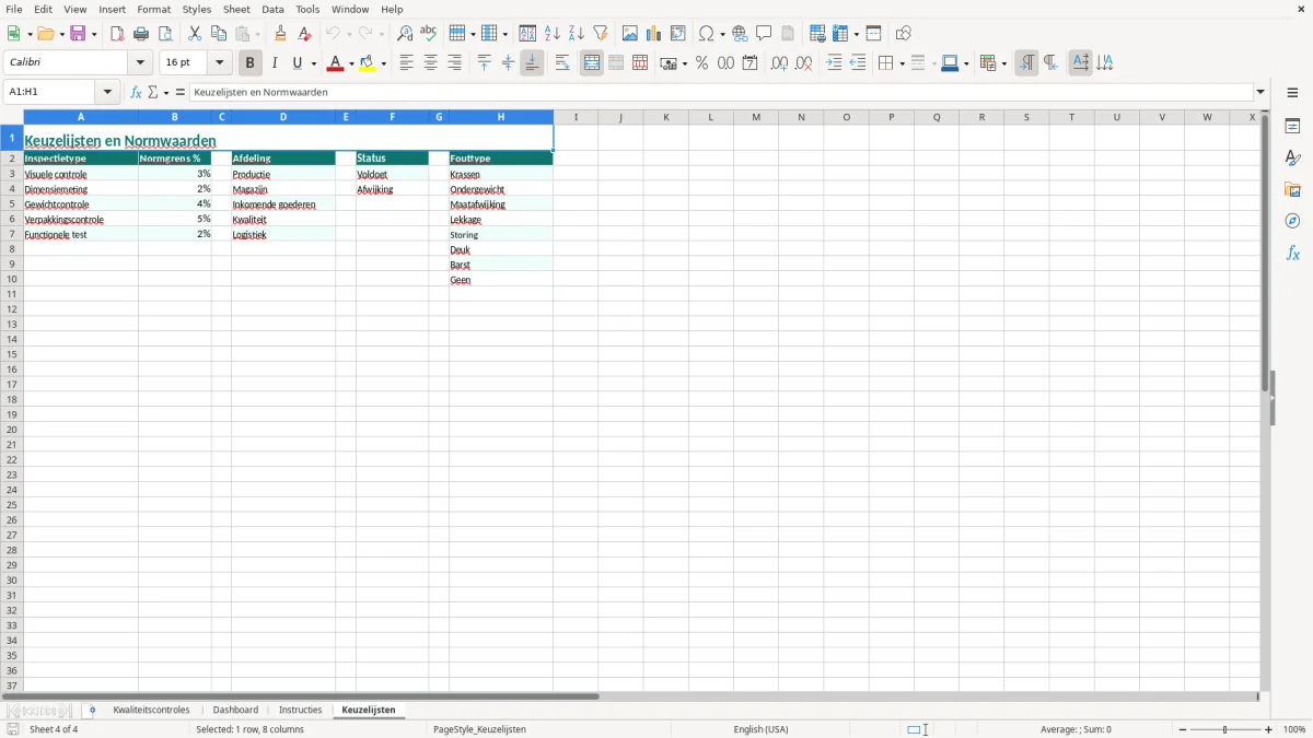 Captura de tela 4: Aba Keuzelijsten - Planilha Excel kwaliteitscontrole voorbeeld excel