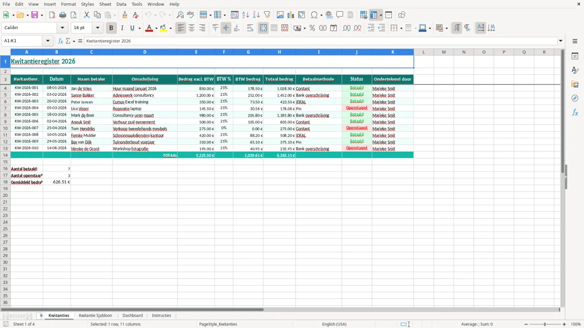 Captura de tela 1: Aba Kwitanties - Planilha Excel kwitantie voorbeeld excel