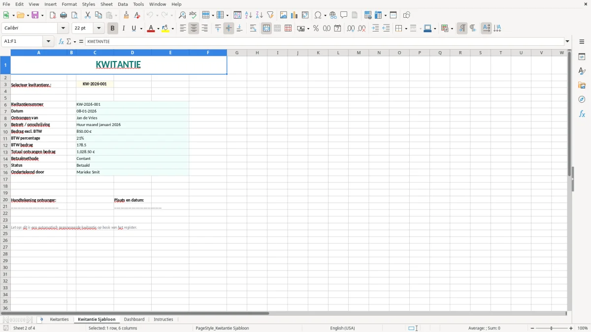 Captura de tela 2: Aba Kwitantie Sjabloon - Planilha Excel kwitantie voorbeeld excel