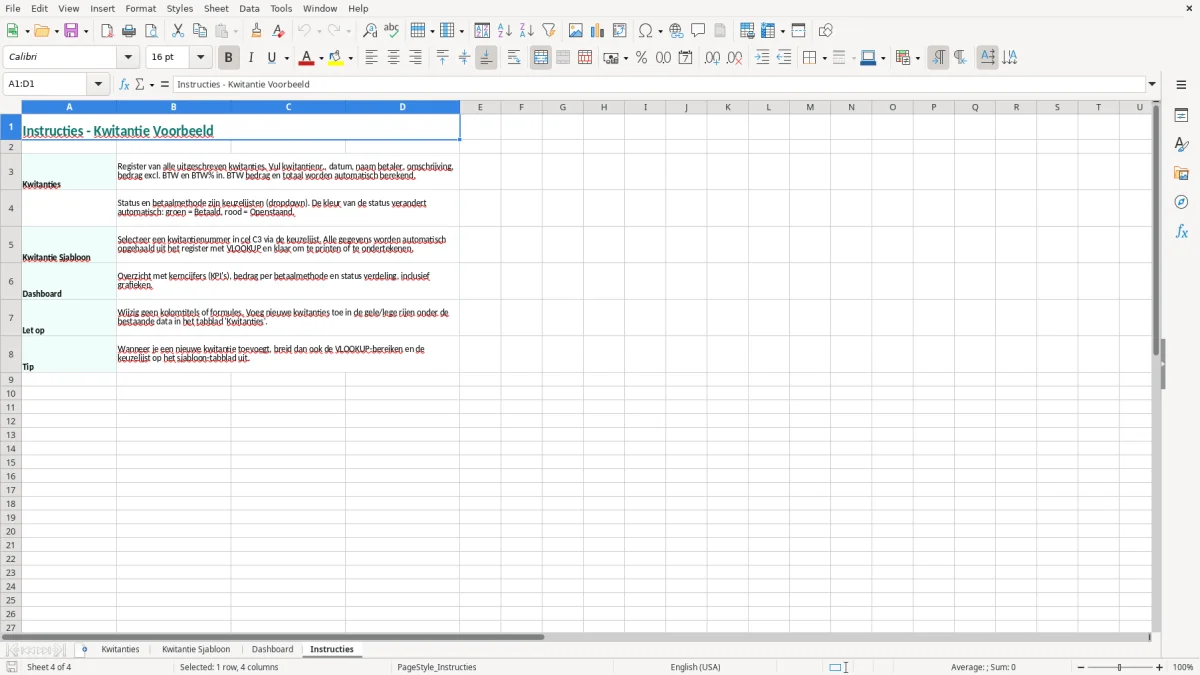 Captura de tela 4: Aba Instructies - Planilha Excel kwitantie voorbeeld excel