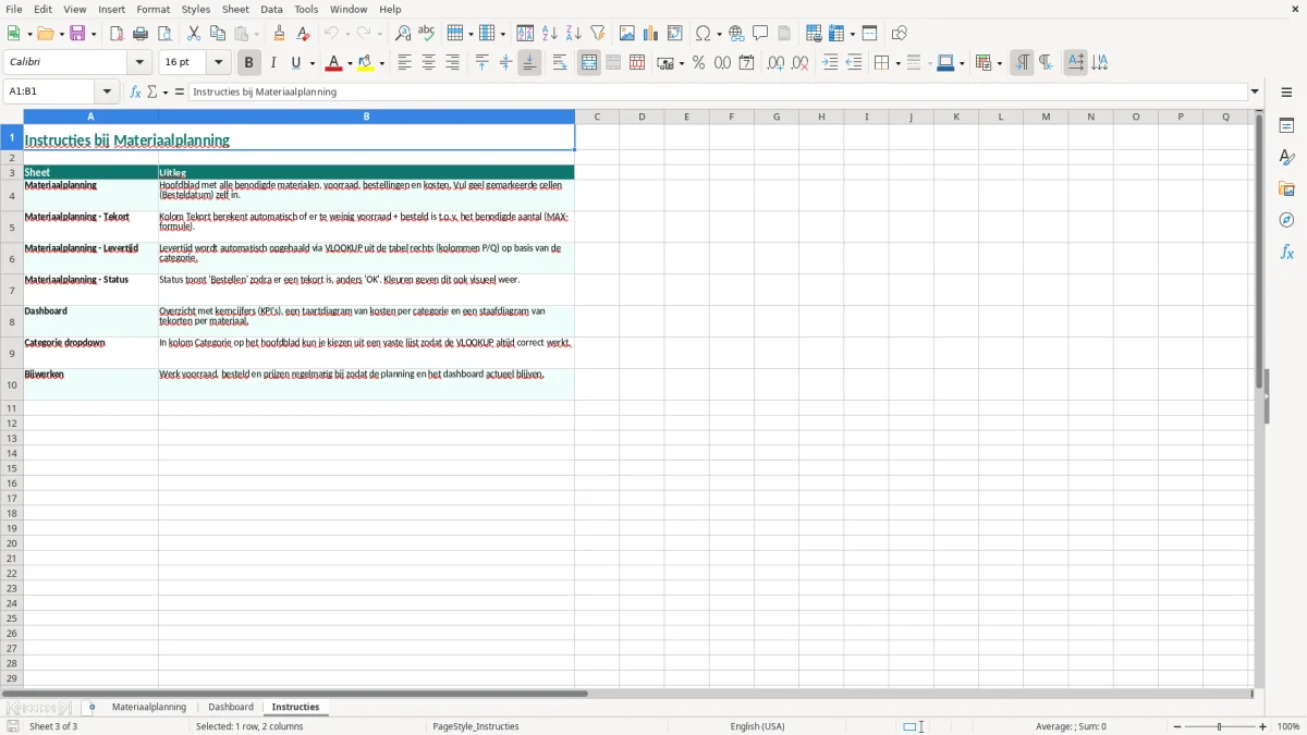 Captura de tela 3: Aba Instructies - Planilha Excel materiaalplanning voorbeeld excel