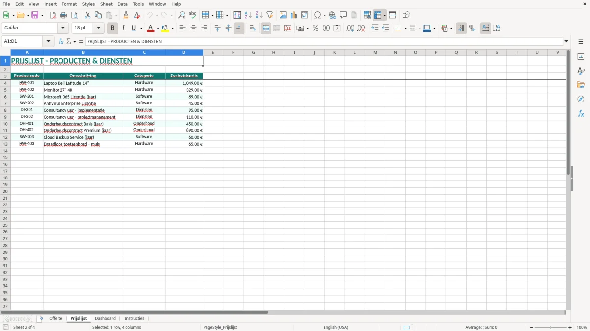 Captura de tela 2: Aba Prijslijst - Planilha Excel offerte voorbeeld excel