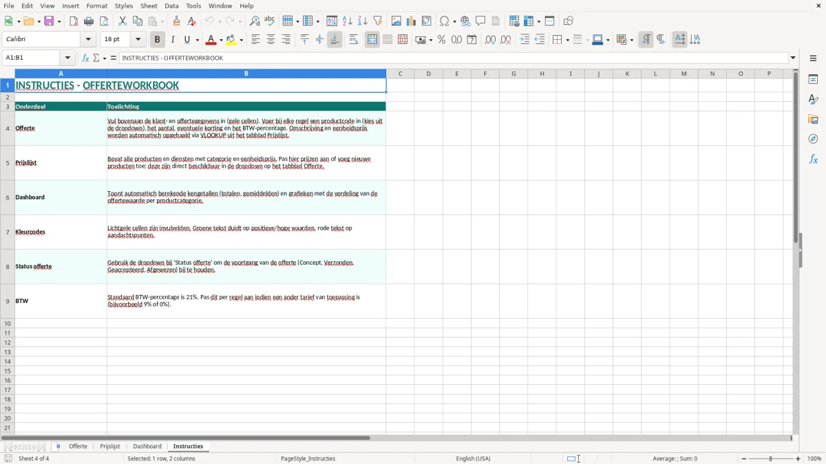 Captura de tela 4: Aba Instructies - Planilha Excel offerte voorbeeld excel