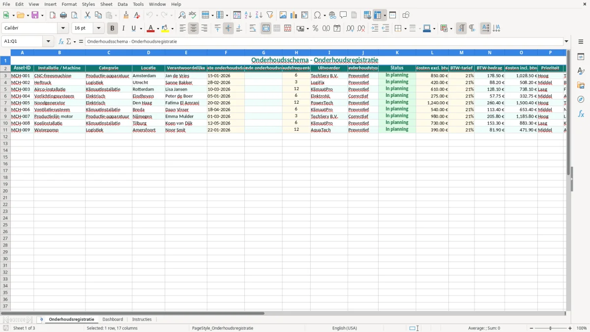 Captura de tela 1: Aba Onderhoudsregistratie - Planilha Excel onderhoudsschema voorbeeld excel