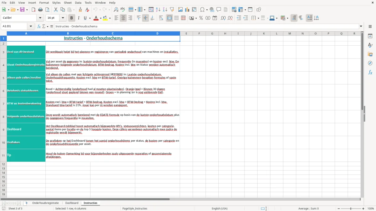 Captura de tela 3: Aba Instructies - Planilha Excel onderhoudsschema voorbeeld excel