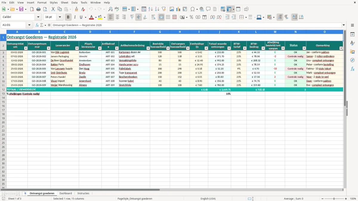 Captura de tela 1: Aba Ontvangst goederen - Planilha Excel ontvangst goederen voorbeeld excel