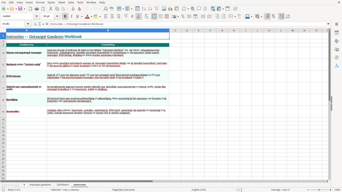 Captura de tela 3: Aba Instructies - Planilha Excel ontvangst goederen voorbeeld excel