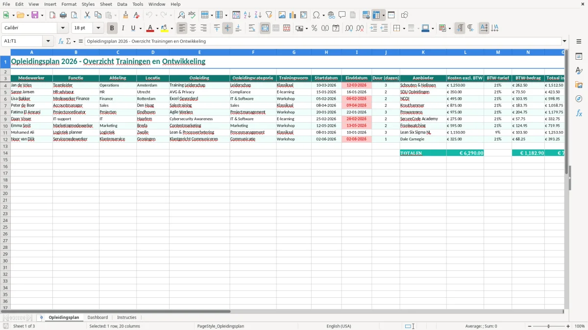 Captura de tela 1: Aba Opleidingsplan - Planilha Excel opleidingsplan excel voorbeeld