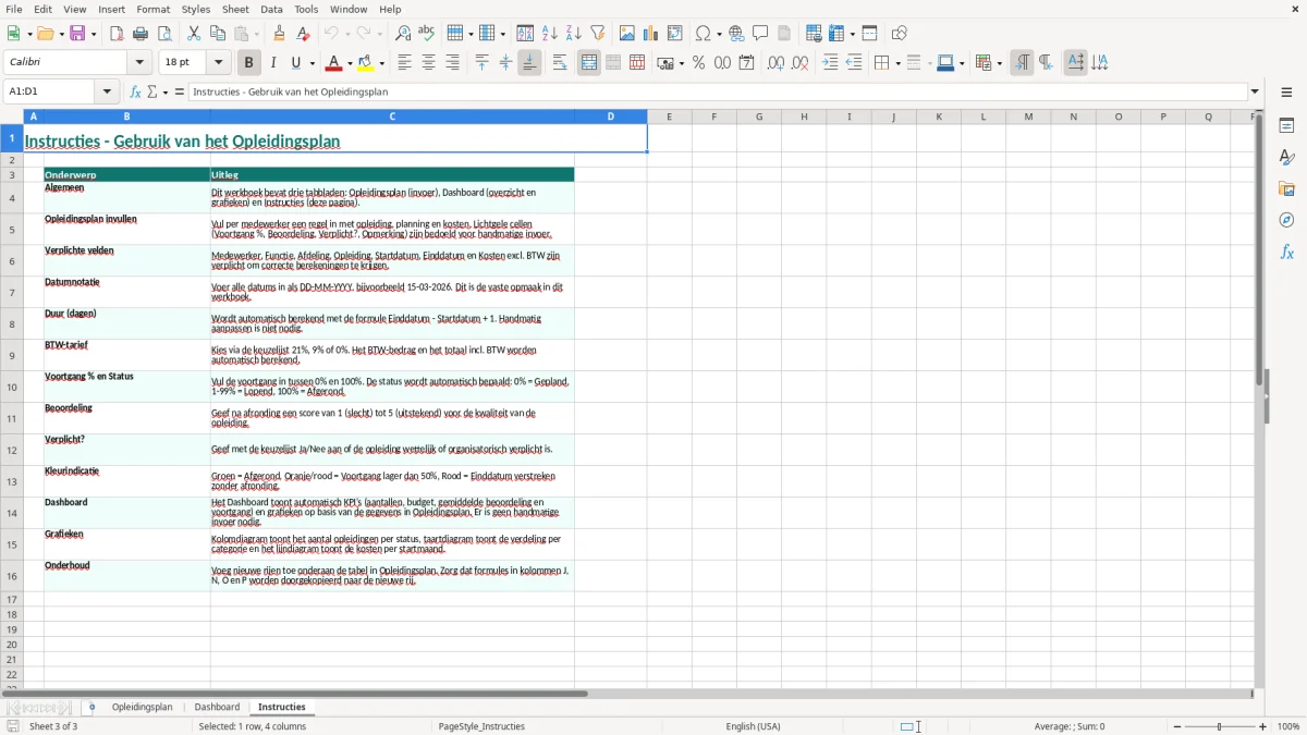 Captura de tela 3: Aba Instructies - Planilha Excel opleidingsplan excel voorbeeld