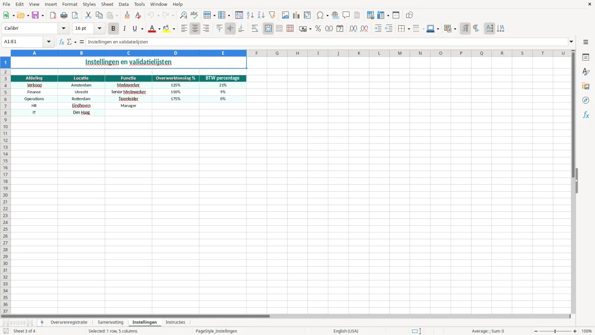 Captura de tela 3: Aba Instellingen - Planilha Excel overuren voorbeeld excel