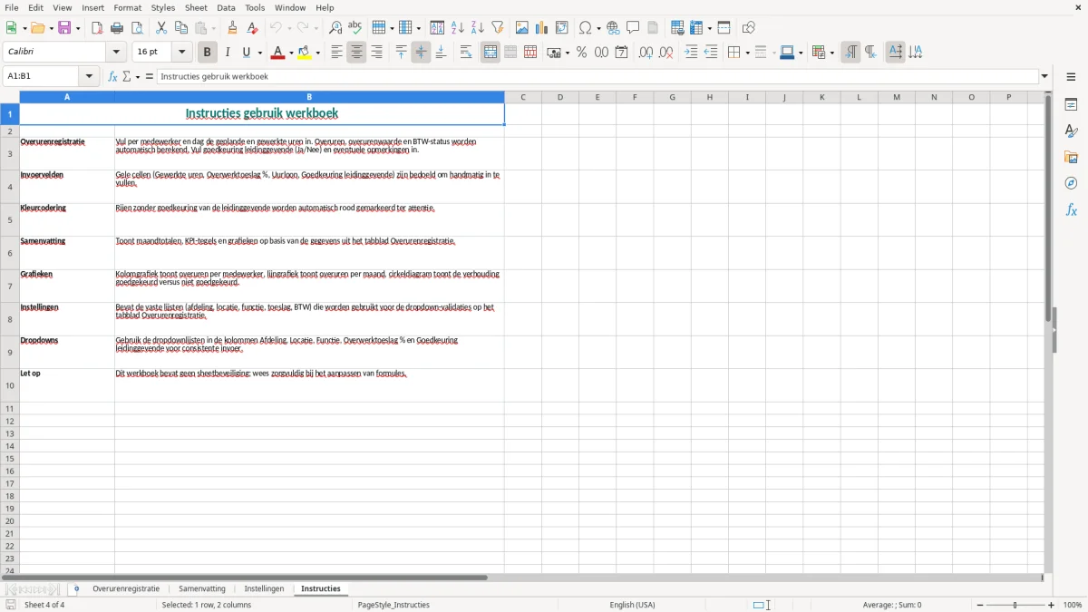Captura de tela 4: Aba Instructies - Planilha Excel overuren voorbeeld excel
