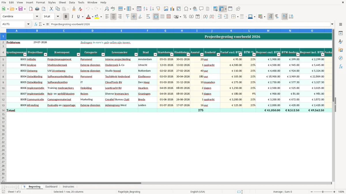 Captura de tela 1: Aba Begroting - Planilha Excel projectbegroting voorbeeld excel