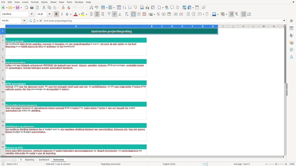 Captura de tela 3: Aba Instructies - Planilha Excel projectbegroting voorbeeld excel