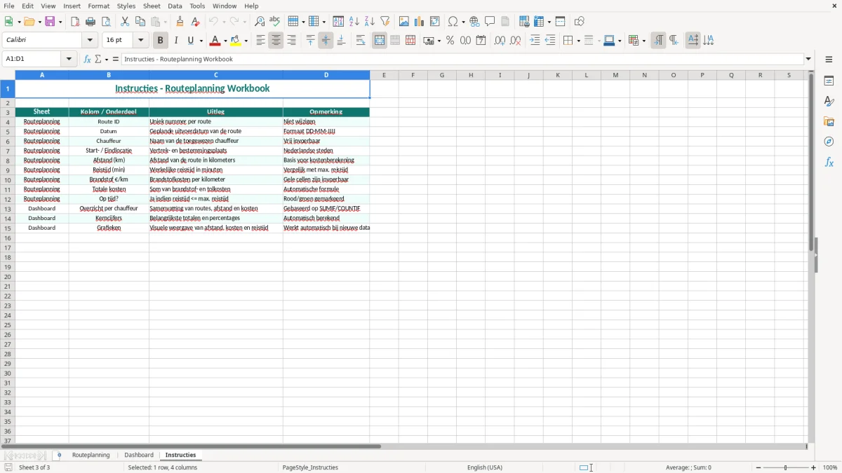 Captura de tela 3: Aba Instructies - Planilha Excel routeplanning voorbeeld excel