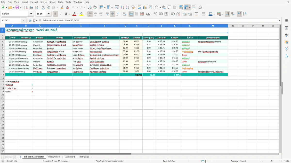 Captura de tela 1: Aba Schoonmaakrooster - Planilha Excel schoonmaakrooster voorbeeld excel