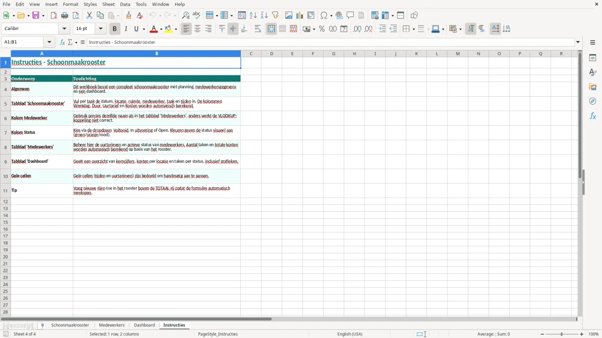 Captura de tela 4: Aba Instructies - Planilha Excel schoonmaakrooster voorbeeld excel