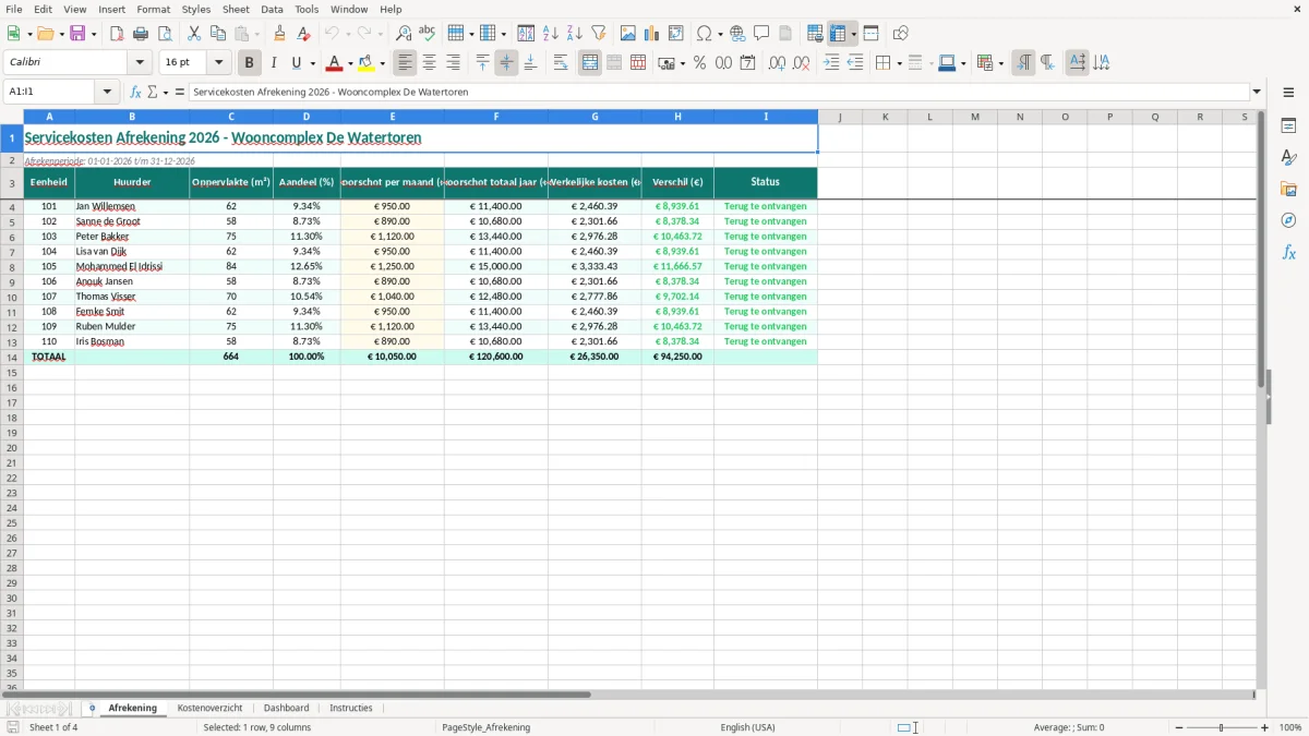 Captura de tela 1: Aba Afrekening - Planilha Excel servicekosten afrekening voorbeeld excel