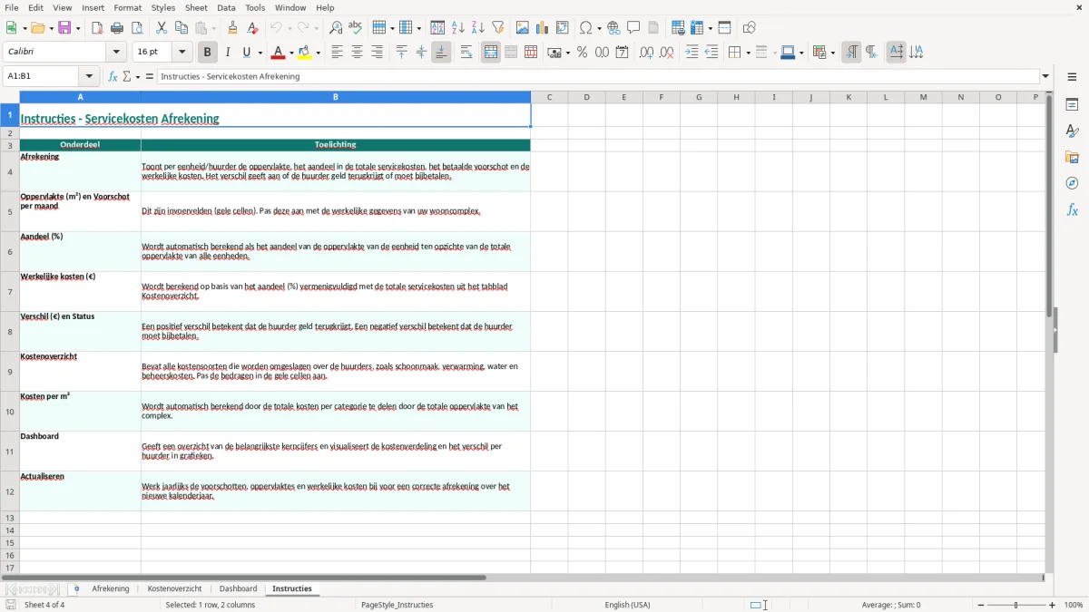 Captura de tela 4: Aba Instructies - Planilha Excel servicekosten afrekening voorbeeld excel