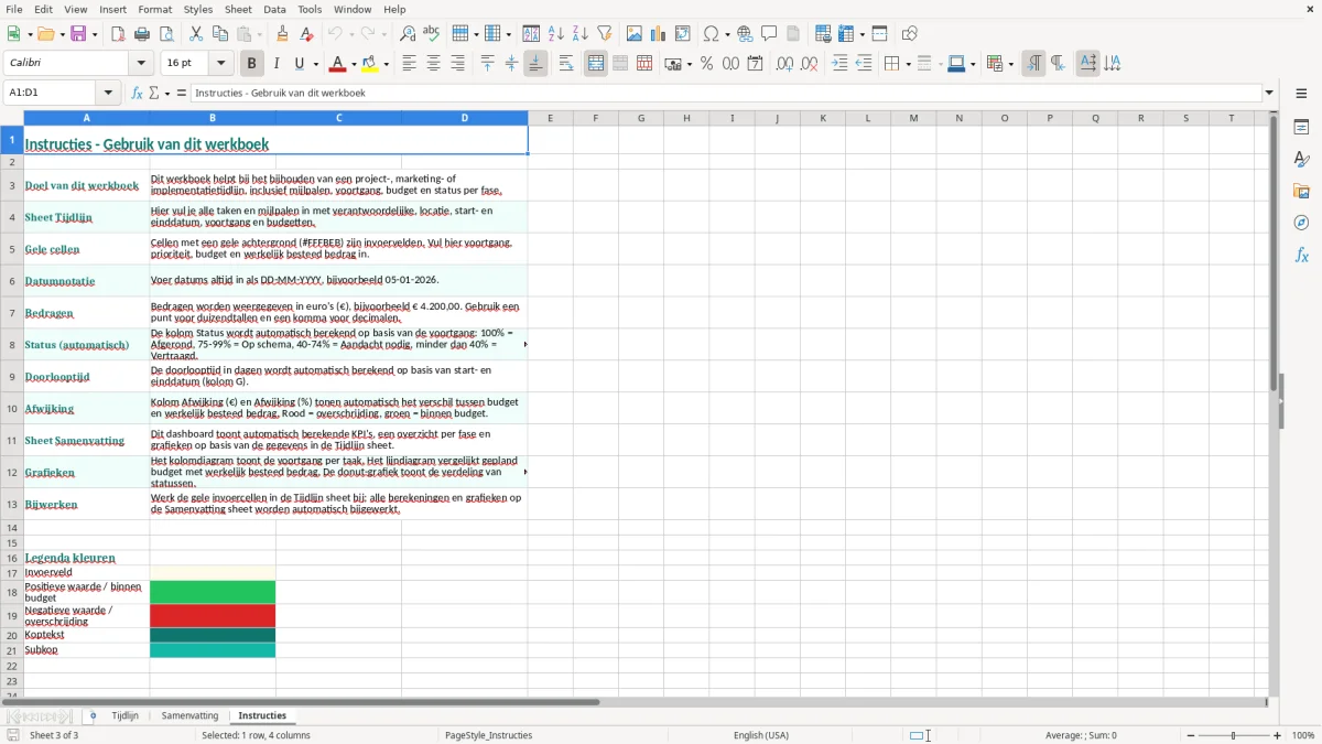 Captura de tela 3: Aba Instructies - Planilha Excel tijdlijn voorbeeld excel
