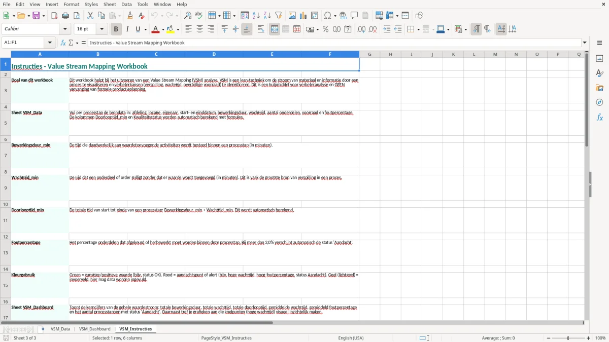 Captura de tela 3: Aba VSM_Instructies - Planilha Excel value stream mapping voorbeeld excel