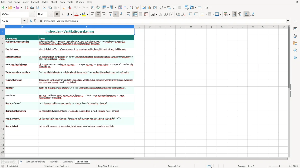Captura de tela 4: Aba Instructies - Planilha Excel ventilatieberekening voorbeeld excel