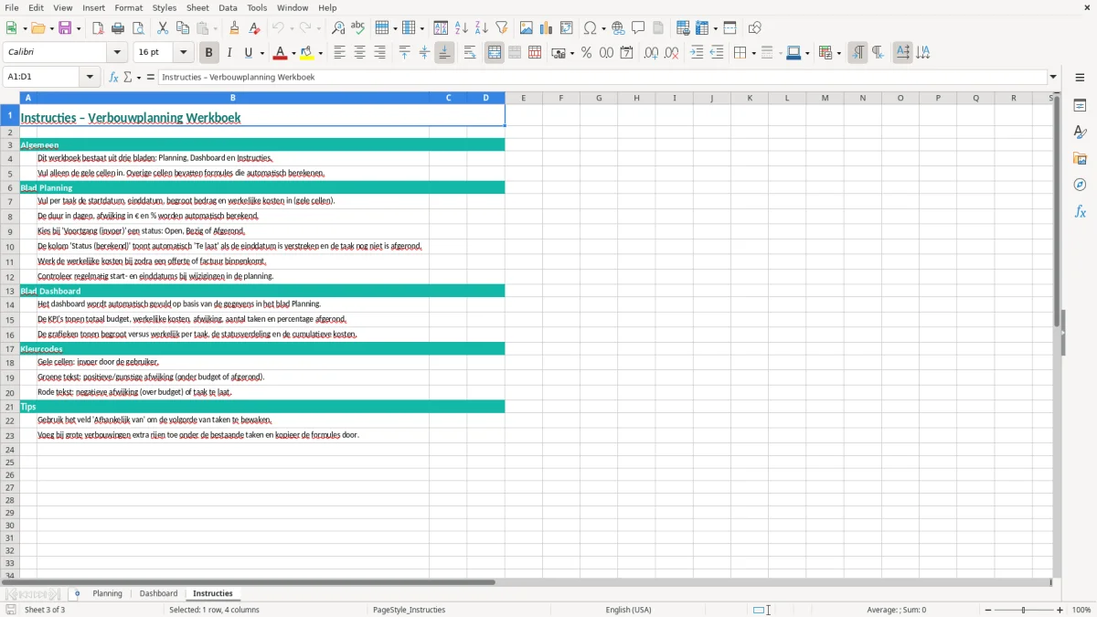 Captura de tela 3: Aba Instructies - Planilha Excel verbouwplanning excel voorbeeld