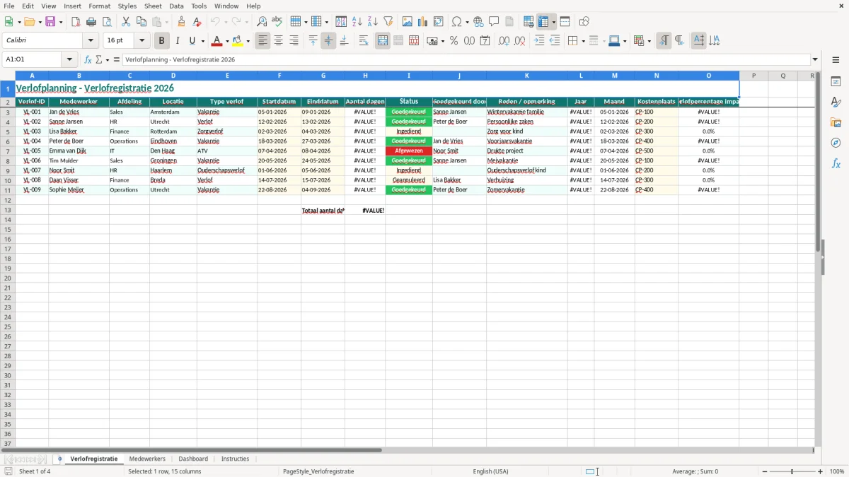 Captura de tela 1: Aba Verlofregistratie - Planilha Excel verlofplanning voorbeeld excel