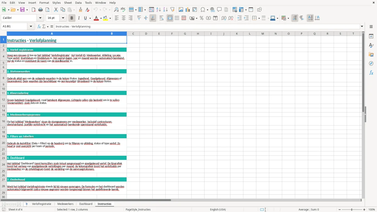 Captura de tela 4: Aba Instructies - Planilha Excel verlofplanning voorbeeld excel