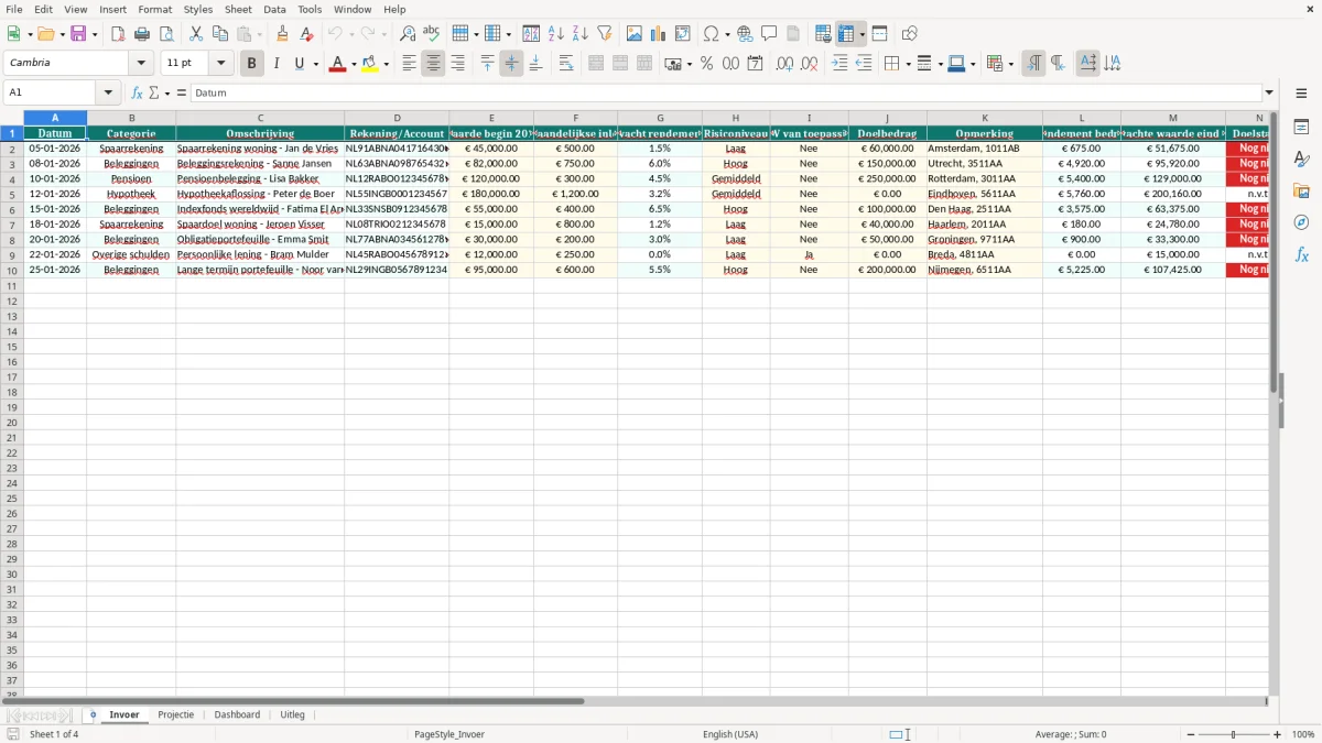 Captura de tela 1: Aba Invoer - Planilha Excel vermogensplanning excel voorbeeld