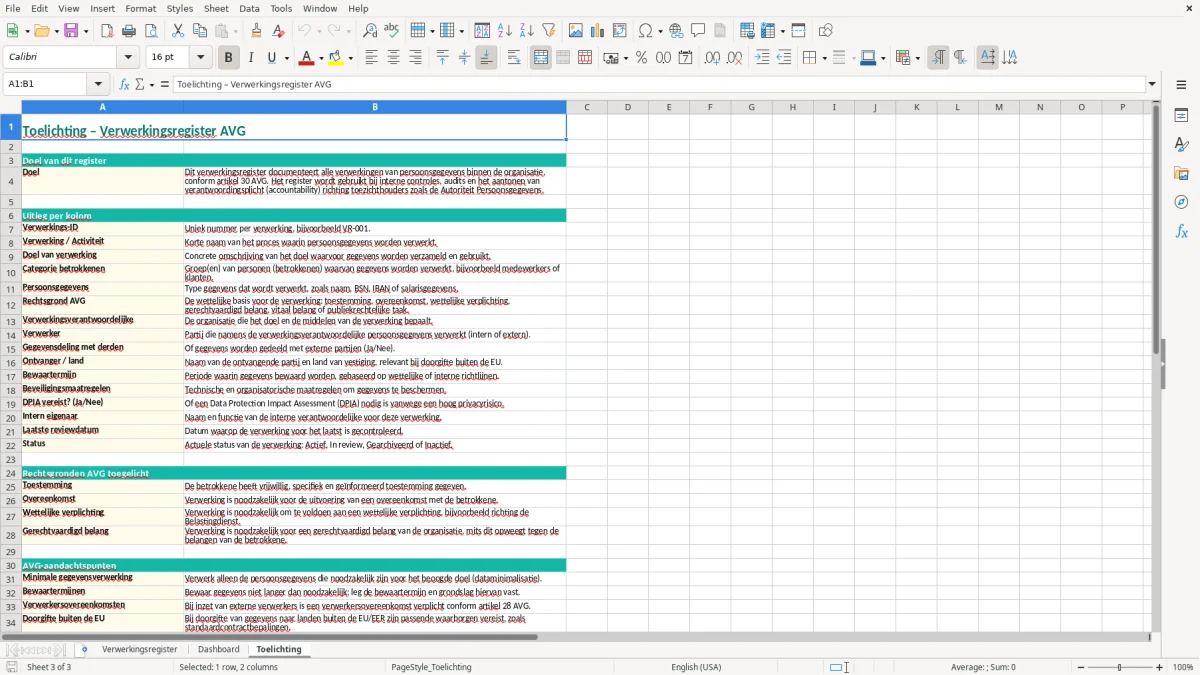 Captura de tela 3: Aba Toelichting - Planilha Excel verwerkingsregister AVG voorbeeld excel