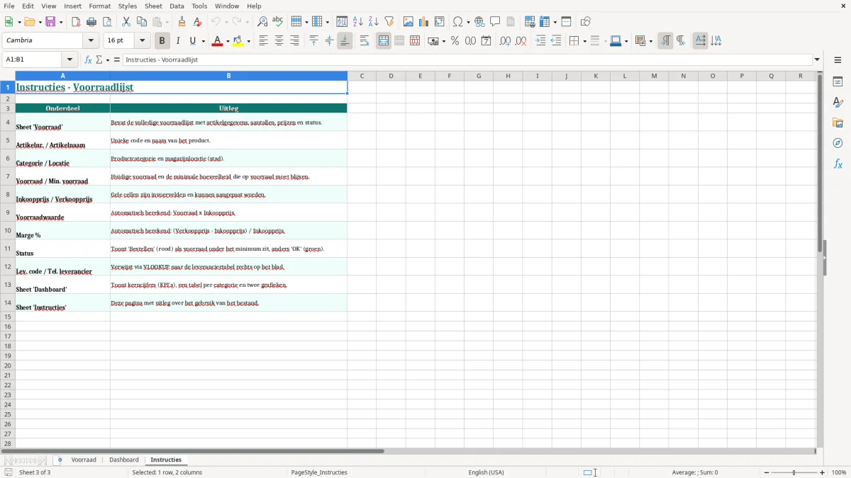 Captura de tela 3: Aba Instructies - Planilha Excel voorraadlijst voorbeeld excel