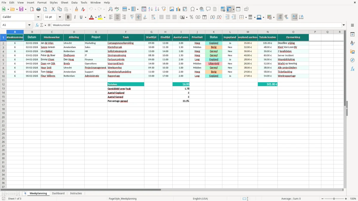 Captura de tela 1: Aba Weekplanning - Planilha Excel weekplanning excel voorbeeld
