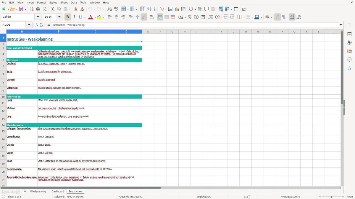 Captura de tela 3: Aba Instructies - Planilha Excel weekplanning excel voorbeeld