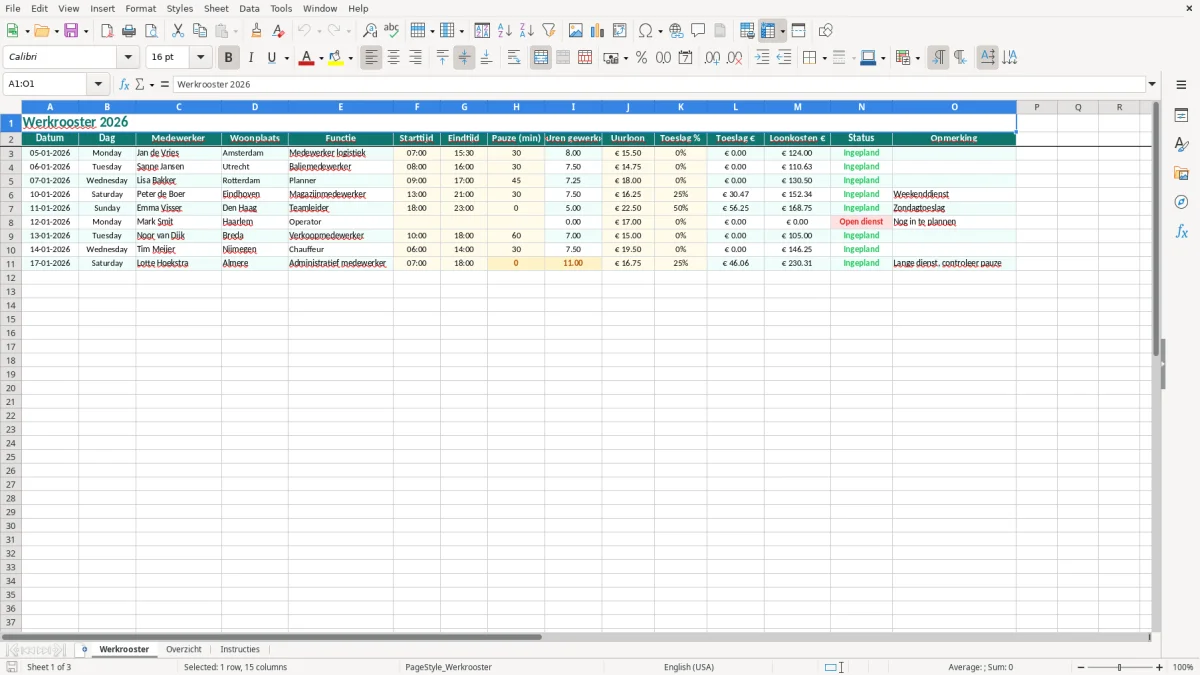 Captura de tela 1: Aba Werkrooster - Planilha Excel werkrooster voorbeeld excel