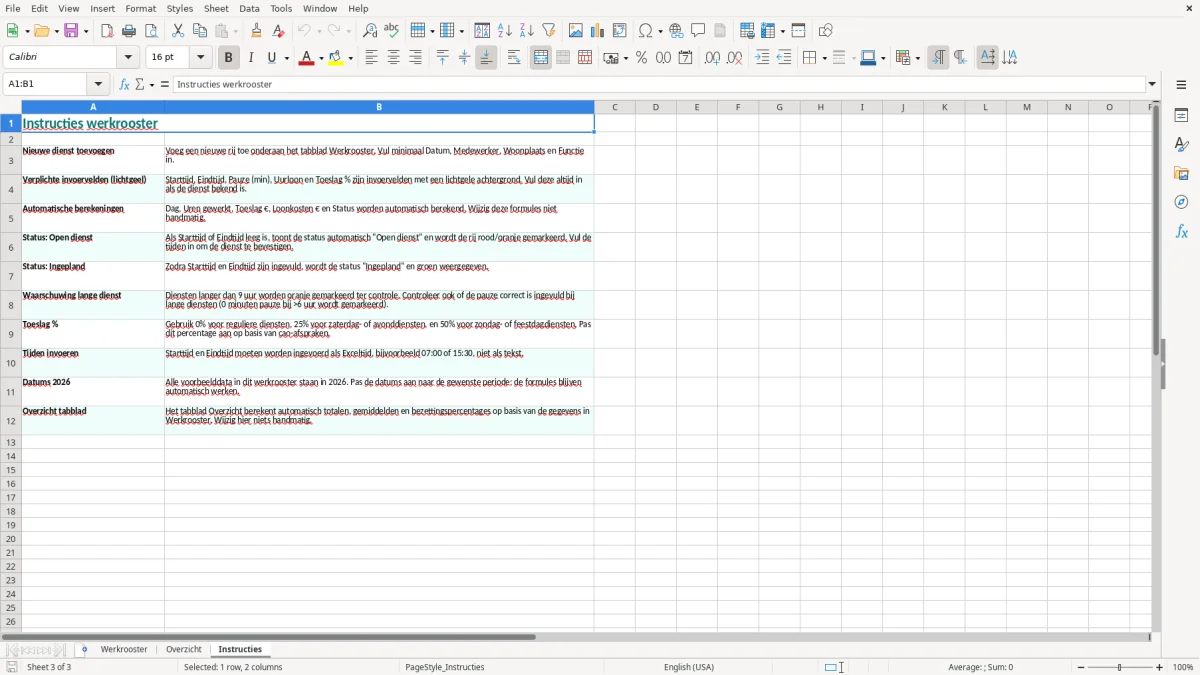 Captura de tela 3: Aba Instructies - Planilha Excel werkrooster voorbeeld excel