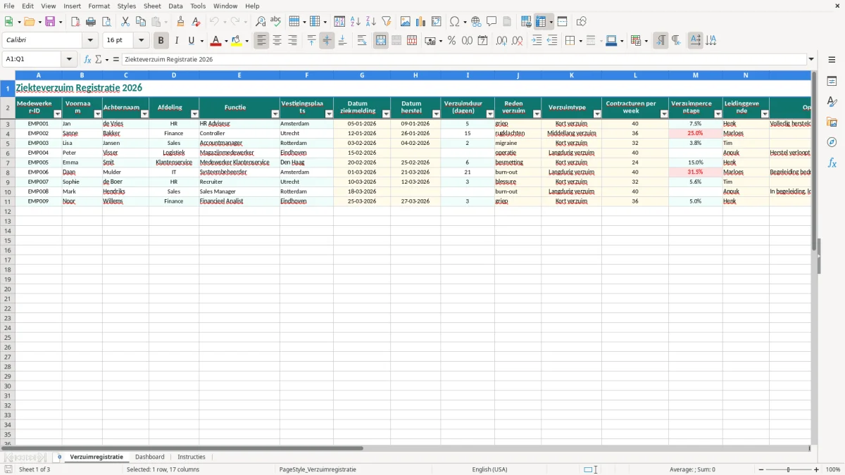 Captura de tela 1: Aba Verzuimregistratie - Planilha Excel ziekteverzuim registratie voorbeeld excel