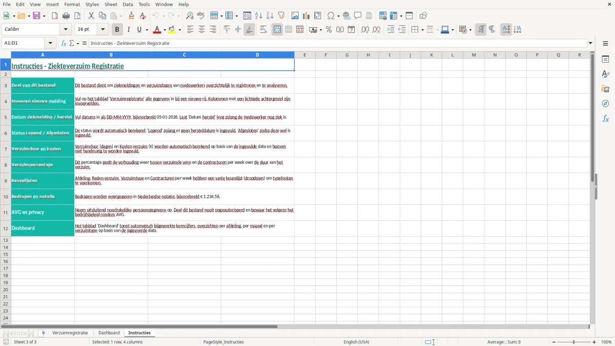 Captura de tela 3: Aba Instructies - Planilha Excel ziekteverzuim registratie voorbeeld excel