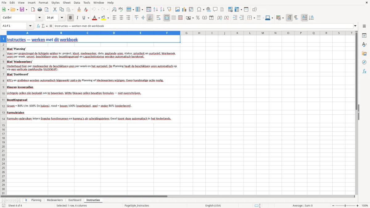 Captura de tela 4: Aba Instructies - Planilha Excel capaciteitsplanning voorbeeld excel
