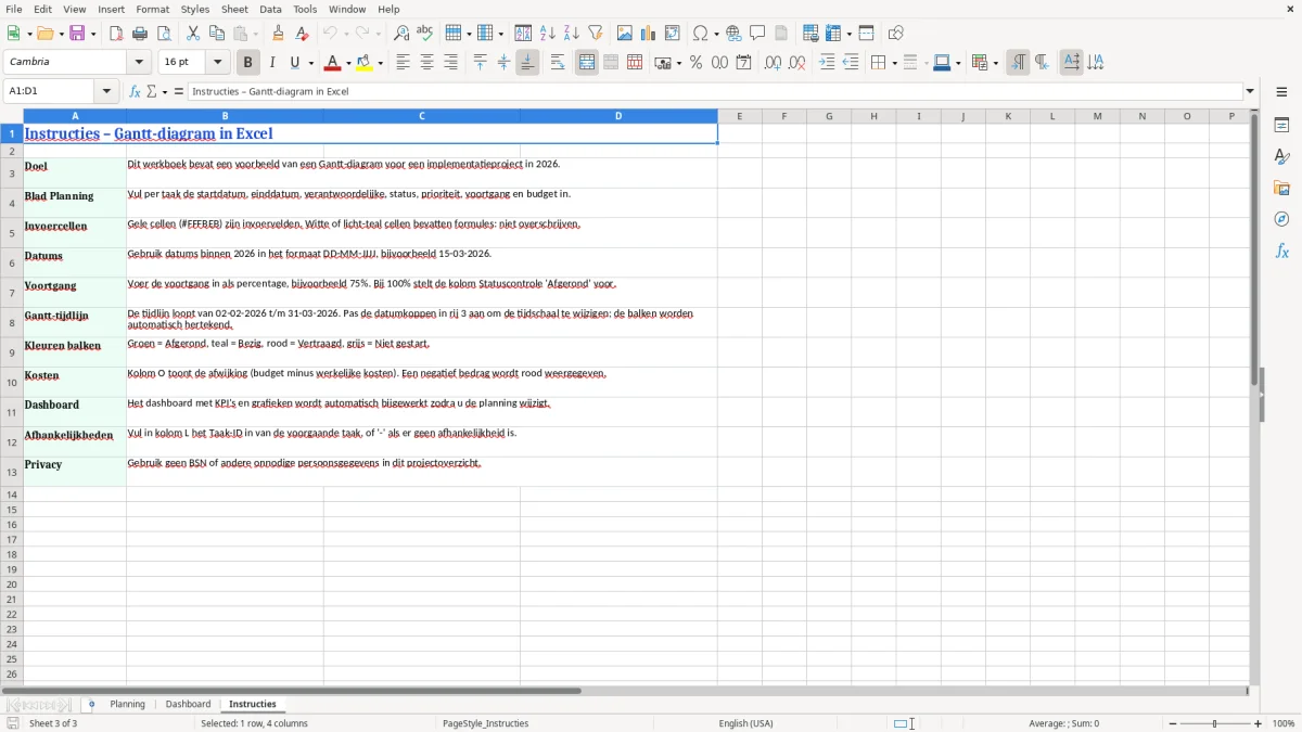 Captura de tela 3: Aba Instructies - Planilha Excel gantt diagram voorbeeld excel