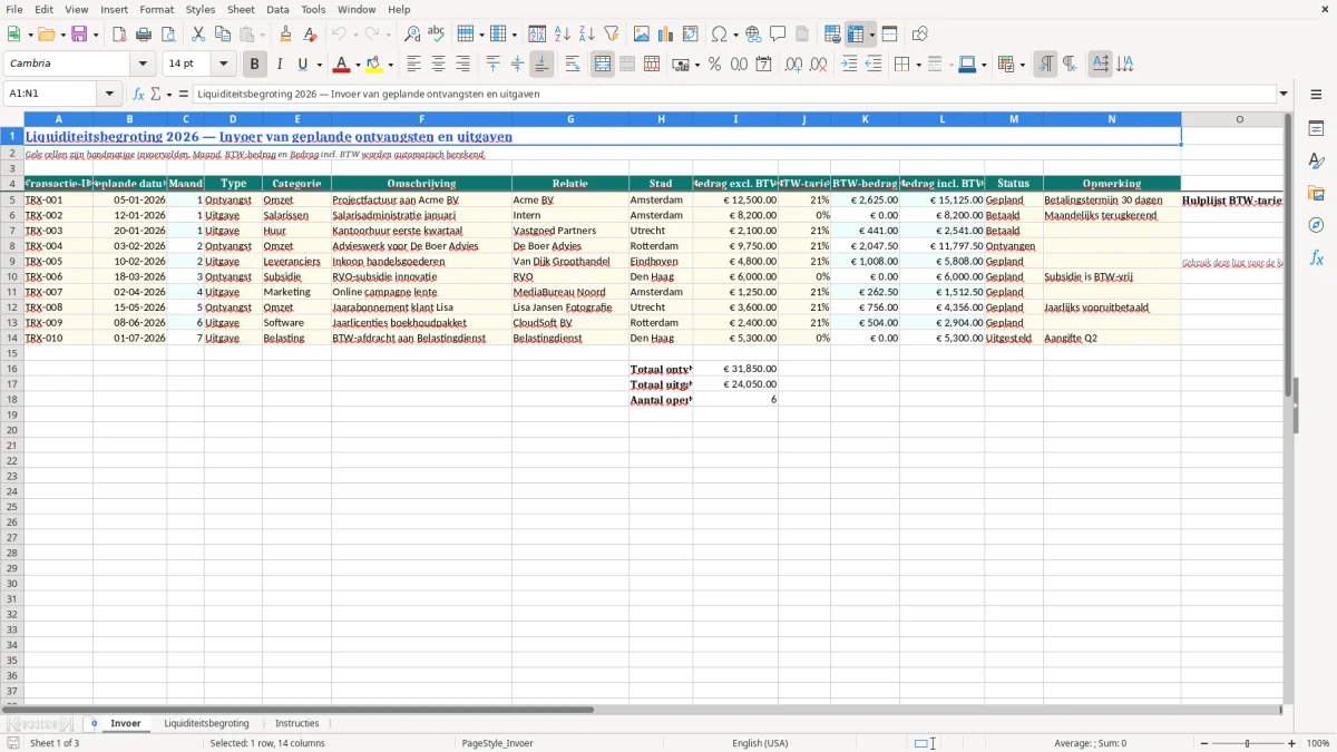 Captura de tela 1: Aba Invoer - Planilha Excel liquiditeitsbegroting voorbeeld excel