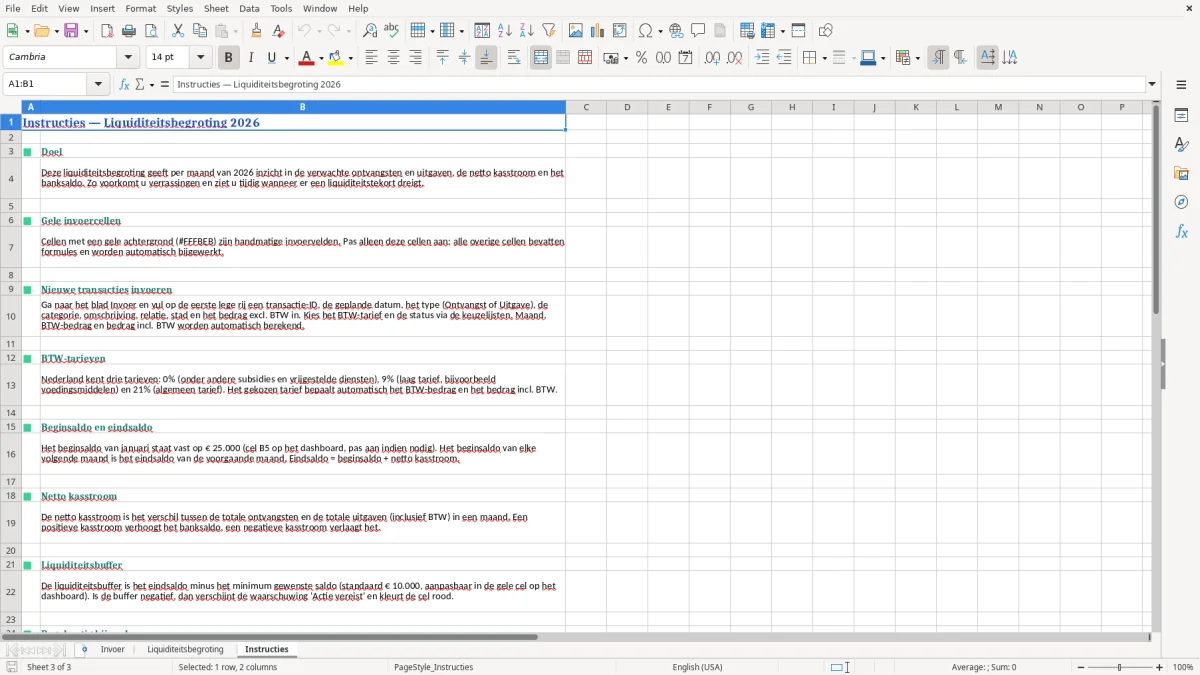 Captura de tela 3: Aba Instructies - Planilha Excel liquiditeitsbegroting voorbeeld excel