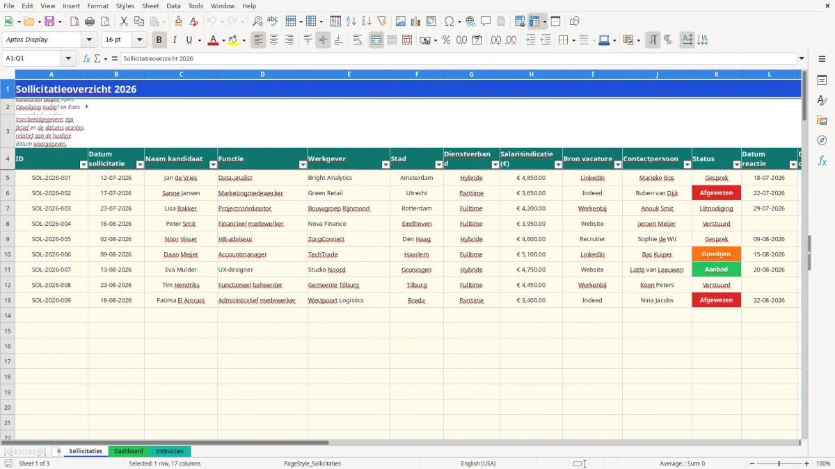 Captura de tela 1: Aba Sollicitaties - Planilha Excel sollicitatie overzicht voorbeeld excel