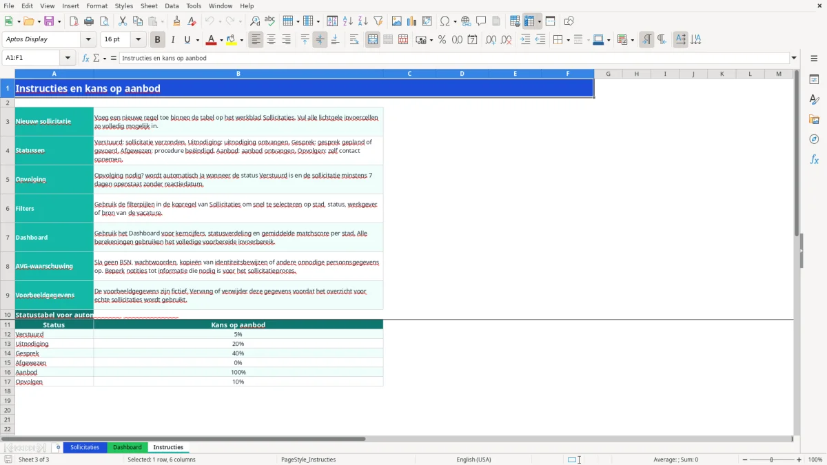 Captura de tela 3: Aba Instructies - Planilha Excel sollicitatie overzicht voorbeeld excel