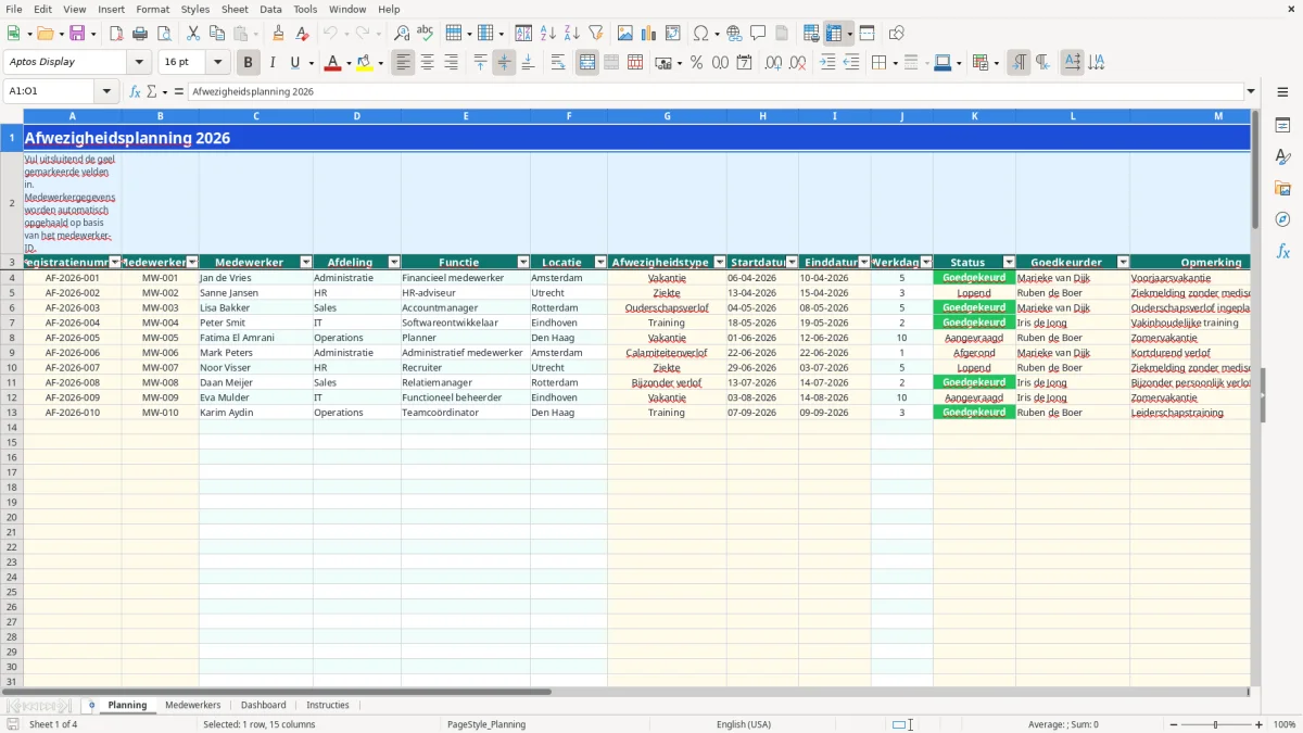 Captura de tela 1: Aba Planning - Planilha Excel afwezigheidsplanning voorbeeld excel