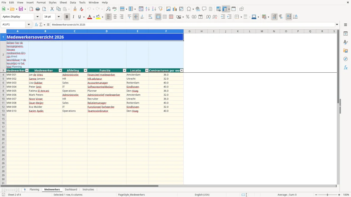 Captura de tela 2: Aba Medewerkers - Planilha Excel afwezigheidsplanning voorbeeld excel